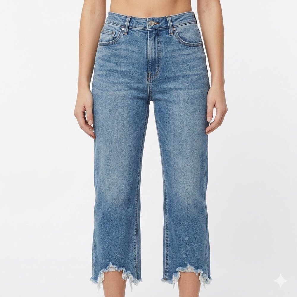 Klique B Jeans Womens Junior 7 Blue Straight Leg Crop Distressed Raw Hem